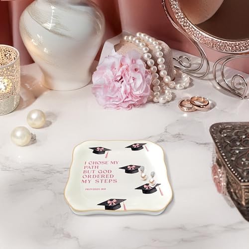 Congratulations Gifts for Women, College Graduation Gifts for Her New Job Gifts - She Believed She Could Jewelry Tray Ceramic Trinket Dish Inspirational Promotion Gift for Coworker (Graduation-Pink) - Image 4
