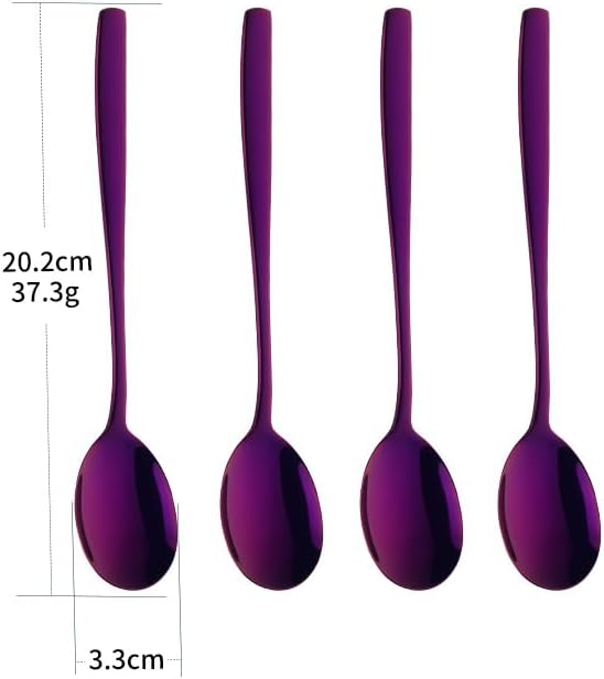 Metal Round Spoons, 8 inch Stainless Steel Reusable Long Handle Korean Soup Spoons, Table Dinner Desert Spoon Set of 8 (Purple)