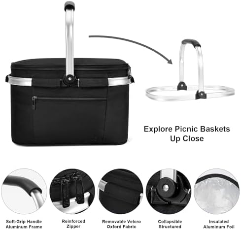 ALLCAMP Picnic Basket, 22L Insulated Cooler Foldable, Thick, Black - Image 5