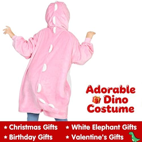 Waitu Dinosaur Wearable Blanket Hoodie Funny Halloween Costumes Gifts for Women Men Boys Girls, Zipper Hoodie Blanket Sweatshirt Cozy Unisex Flannel Dinosaur Costume Cute Gifts (Kids, Bright Pink) - Image 2