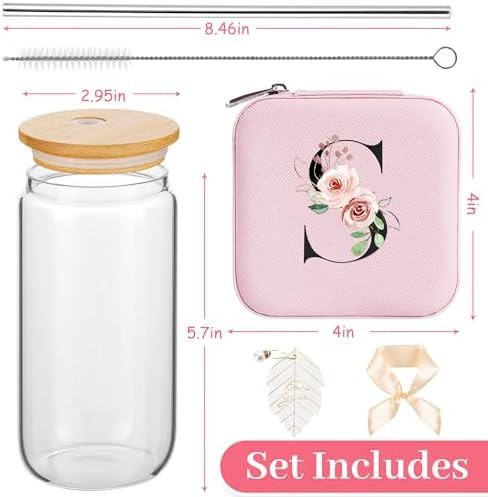 AYGXU Initial glass cups with lids and straws,personalized gifts for women,iced coffee cups,travel jewelry case organizer,small jewelry travel case,jewelry box for girls.Initial S pink - Image 2