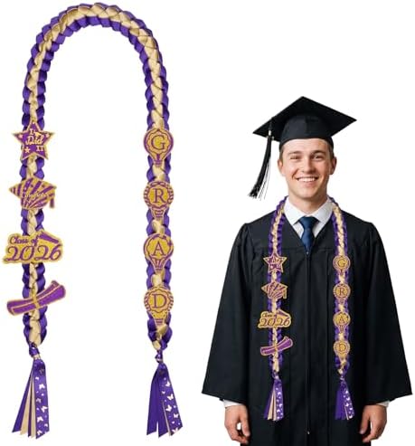 Class of 2026 Graduation Leis,Golden&Purple Double Ribbon Lei Set,Handmade 8Pcs Graduation Charms Accessory,Graduation Gift for Her Him by MUFEIRUOFamilyIsHappyWarm