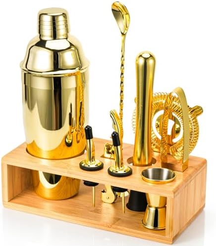 Gold Cocktail Shaker Set, Premium 18/8 Stainless Steel Mixology Bartender Kit with Stylish Bamboo Stand 10-Piece Bar Tools & Accessories for Home Bar for Men, Dad, Husband by Semderm