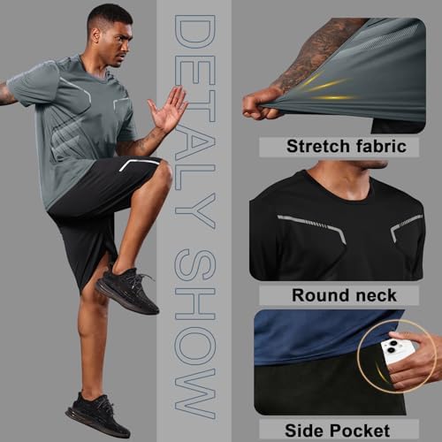 BUYJYA 3 Pack Men's Gym Shorts Shirt Set Workout Athletic Basketball Running Football Elastic Waist with Pocket Gifts - Image 6