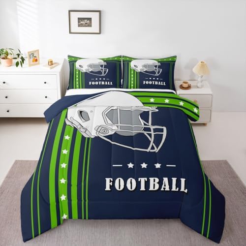 Erosebridal Queen Size Bedding Sets for Boys Gridiron Comforter Set, Football Game Sports Theme Bed Comforter Set Navy Blue Fluorescent Green Duvet Set with 2 Pillowcases by Erosebridal