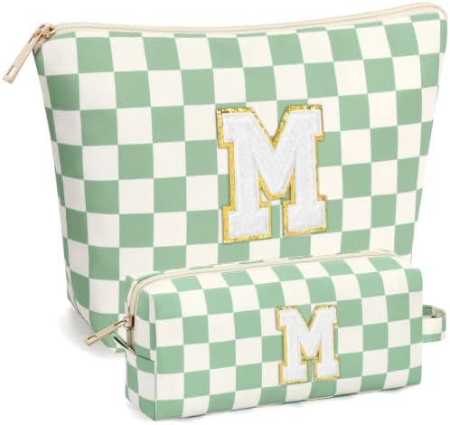 mibasies 2 PCS Initial Makeup Bags for Women: Cosmetic Bag for Travel Toiletry - Birthday Gifts for Teen Girl Gifts Trendy Stuff - Graduation Teacher Gift for Girlfriend -Checkered Green M by mibasies