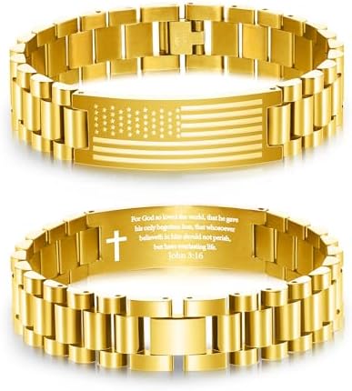 P. BLAKE American Flag Bible Verse Bracelet for Men, Stainless Steel Engraved Scripture Bracelet Christian Religious Christmas Birthday Jewelry Gifts by PBLAKE