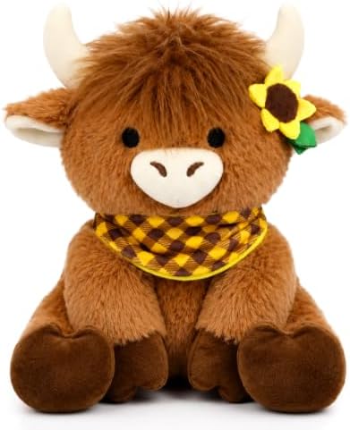 Sunflower Highland Cow Plush- Cow Stuffy Checkered Handkerchief Decor by JIZWPOOM