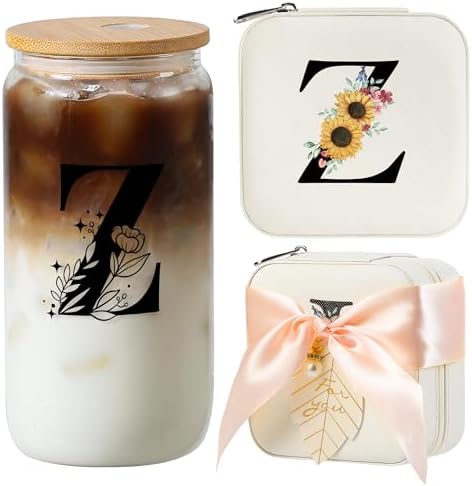 AYGXU Glass Cups with Lids and Straws, Tumblers with Brushes, Small Jewelry Organizer Box, Birthday and Travel Gifts for Women and Girls, High School Graduation Gift for Her, Initial Z White by AYGXU
