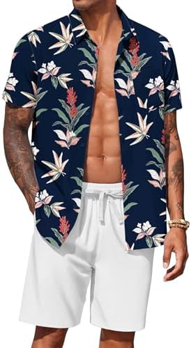 COOFANDY Men's Hawaiian 2 Piece Outfits Floral Button Down Shirt and Shorts Vacation Outfits Summer Beach Matching Set by COOFANDY