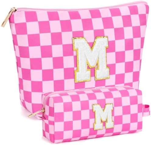 mibasies 2 PCS Initial Makeup Bags for Women: Cosmetic Bag for Travel Toiletry - Birthday Gifts for Teen Girl Gifts Trendy Stuff - Graduation Teacher Gift for Girlfriend -Checkered Rose Red M by mibasies