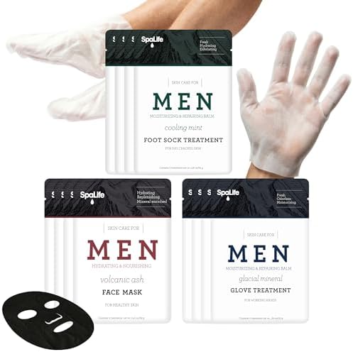SpaLife Men's Cooling Mint Hand Moisturizing Gloves, Booties, and Face Masks | Revitalizing & Hydrating Hand Mask for Softening Dry, Cracked Skin | One Size Fits Most | 12 Pack by SpaLife
