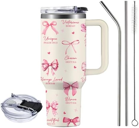 Christian Gifts for Women, 40 oz God Says I am Pink Tumbler with Handle, Inspirational Religious Birthday Gifts, Spiritual Catholic Faith Jesus Bible God Prayer Gift for Pink Bow Christian Cup - Image 3