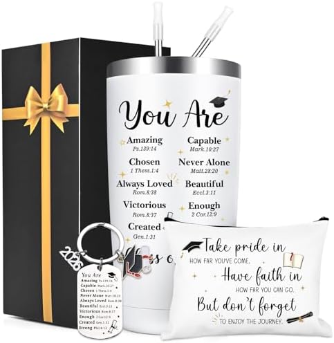 Lifecapido Graduation Gifts, Religious Christian Graduation 20oz Insulated Tumbler with Keychain and Makeup Bag, High School College Masters Degree PhD Graduation Gifts for Graduates, White by Lifecapido