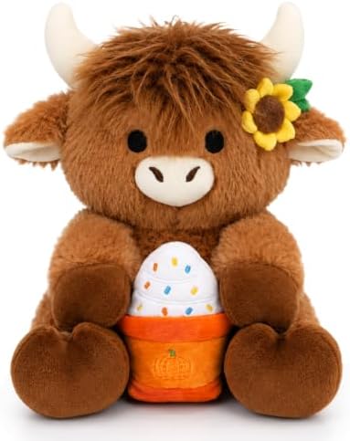 Fall Highland Cow Stuffed Animals -Highland Cow Stuffy Toy Holding a Latte by JIZWPOOM