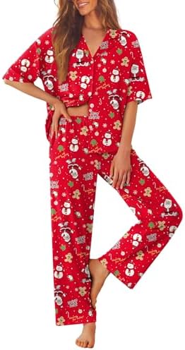 Ekouaer Women Pajamas Set Button Down Sleepwear Short Sleeve Pjs Long Pants by EKOUAER