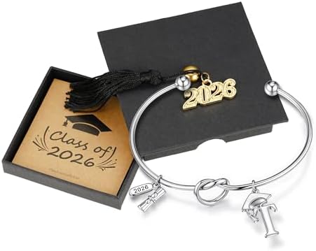 Turandoss Graduation Gifts for Women 2026 - 14K White Gold Plated Initial Knot Cuff Bangle, Dainty Grad Cap Diploma Bracelet, Class of 2026 Graduation Jewelry Gift for Her College High School Graduate by TurandossJewelry