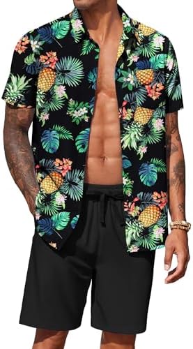 COOFANDY Men's Hawaiian 2 Piece Outfits Floral Button Down Shirt and Shorts Vacation Outfits Summer Beach Matching Set by COOFANDY