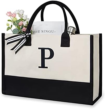 TOPDesign Personalized Initial Canvas Beach Bag, Monogrammed Gift Tote Bag for Women by TOPDesign