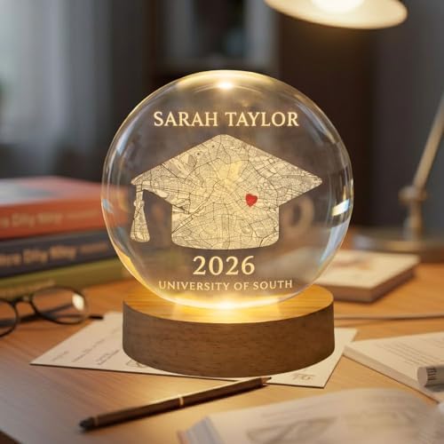 Daty Personalized Graduation Crystal Ball LED Night Light Class of 2026, Map Cap 3D Laser Engraved Crystal Sphere Gift for College Graduate - Image 2