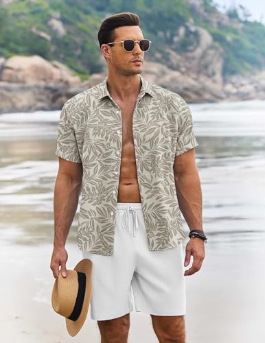 COOFANDY Men's Summer Beach Outfits 2 Piece Short Sleeve Shirts and Shorts Vacation Texture Linen Sets for Men - Image 2