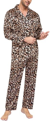 SWOMOG Mens Silk Satin Pajamas Set Long Sleeve Sleepwear Button-Down Pj Two-piece Loungewear with Long Pants S-XXL by SWOMOG