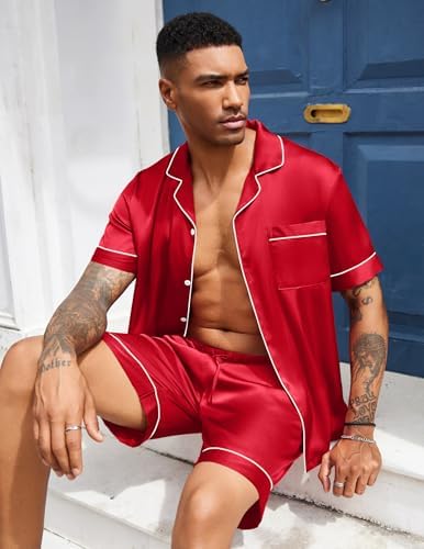 Ekouaer Mens Silk Satin Pajamas Set Short Sleeve Button Up Lounge Pjs Set - Image 5