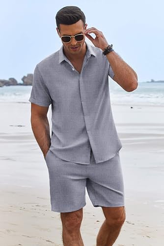 COOFANDY Men's Summer Beach Outfits 2 Piece Short Sleeve Shirts and Shorts Vacation Texture Linen Sets for Men - Image 3