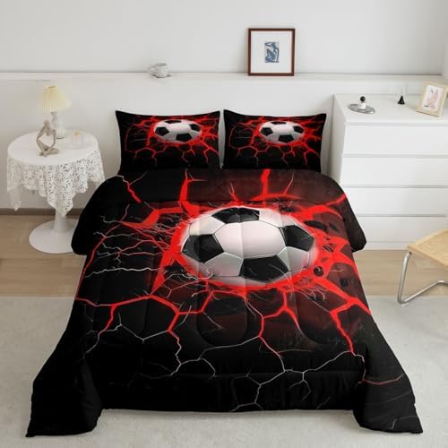 Erosebridal Flame Soccer Comforter Set for Kids Boys Girls Red Lightning Football Bedding 3D Soccer Ball Duvet Set Ball Sports Games Comforter King with 2 Pillowcases - Image 6