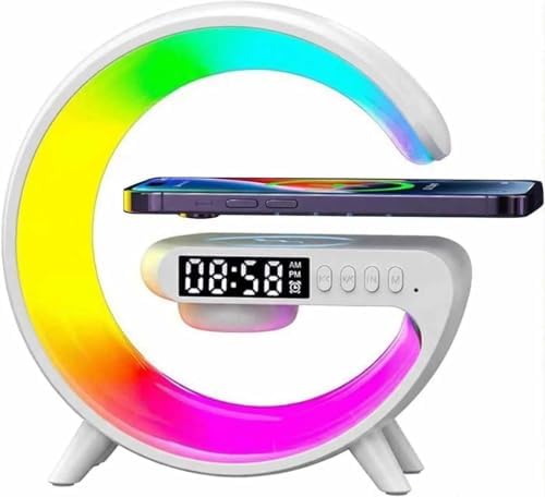 Mini Smart LED Table Lamp, 4-in-1 Wireless Charger, Wireless Charger with Speaker,Night Light, Alarm Clock, and Bluetooth Speaker for Bedroom and Home Decor (White) by Htoxsdc