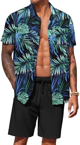 COOFANDY Men's Hawaiian 2 Piece Outfits Floral Button Down Shirt and Shorts Vacation Outfits Summer Beach Matching Set by COOFANDY