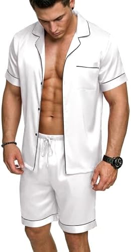 Ekouaer Mens Silk Satin Pajamas Set Short Sleeve Button Up Lounge Pjs Set by EKOUAER