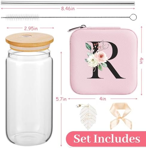 AYGXU Travel Must Have Jewelry Box glass cups with bamboo lids set,Small Travel Jewelry Case,birthday gifts for mom,Travel Gifts for Girls,Travel Jewelry Organizer,Initial R pink - Image 2