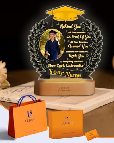 Personalized Graduation Gifts Custom Photo Name Night Light Gold and Black LED Table Lamp for 2026 University High School Senior Keepsake(Wheat) by UUBAO
