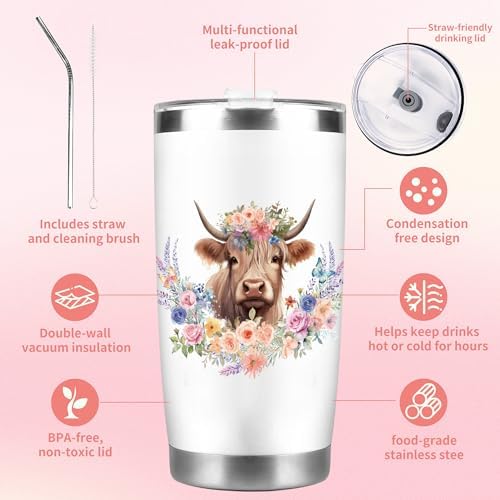 CRASHOT Highland Cow Gifts for Women, Highland Cow Gift, Includes 20 oz Tumbler Cosmetic & Keychain, Birthday Thanksgiving Christmas Surprise for Girls Sister Daughter Best Friends - Image 4