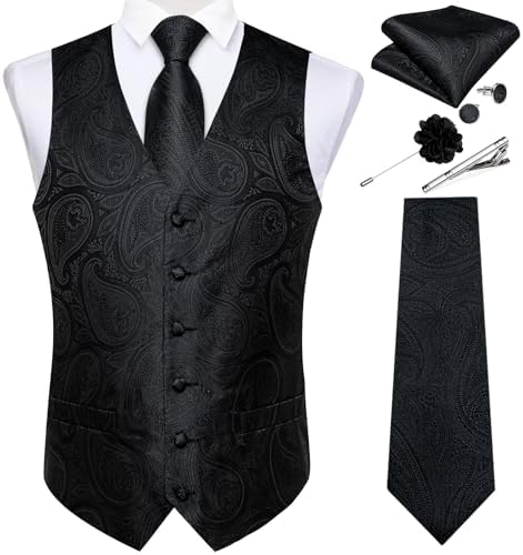 DiBanGu Mens Vest and Tie Set Formal Paisley Waistcoat and Necktie Pocket Square Cufflinks Silk Suit Vest for Tuxedo Wedding by DiBanGu