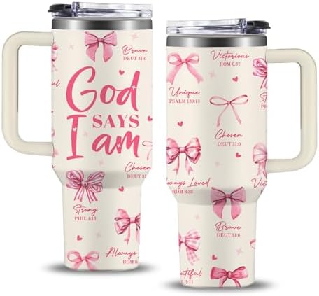 Christian Gifts for Women, 30 oz God Says You Are Pink Tumbler with Handle, Inspirational Religious Birthday Gifts, Spiritual Catholic Faith Jesus Bible God Prayer Gift for Pink Bow Christian Cup by NIAXAUYT