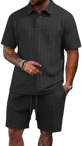 Men's 2 Pieces Outfits Casual Polo Shirt and Shorts Set Collar Athletic Jogging Summer Tracksuit by LINENNMAIN