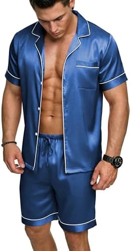 Ekouaer Mens Silk Satin Pajamas Set Short Sleeve Button Up Lounge Pjs Set by EKOUAER