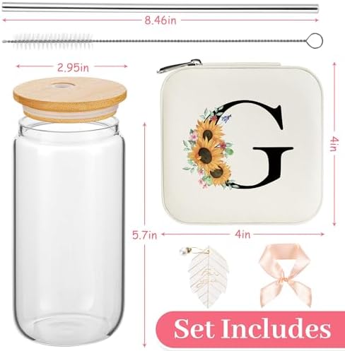 AYGXU Travel essential jewelry box,16oz Glass Cups with Bamboo Lids and Straws set,Personalized Jewelry Boxes for Women Girls,Travel Gifts for Women,Birthday Gifts for Girls,Initial G white - Image 2