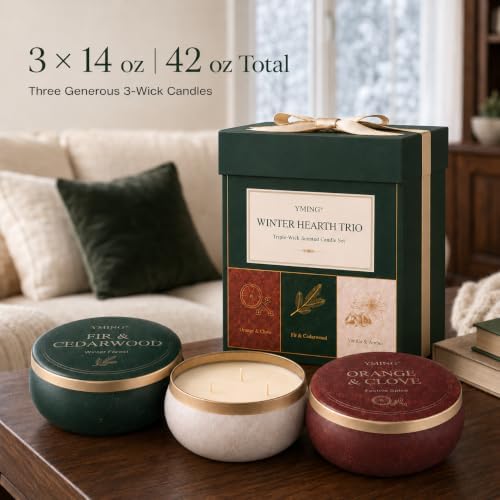 YMING Winter Scented Candle Gift Set, 3 Pack 14 oz Each-3 Wick Soy Candles - Image 2