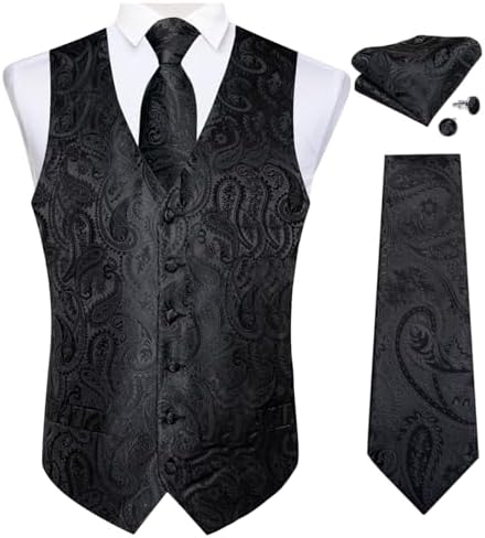 DiBanGu Mens Vest and Tie Set Formal Paisley Waistcoat and Necktie Pocket Square Cufflinks Silk Suit Vest for Tuxedo Wedding by DiBanGu