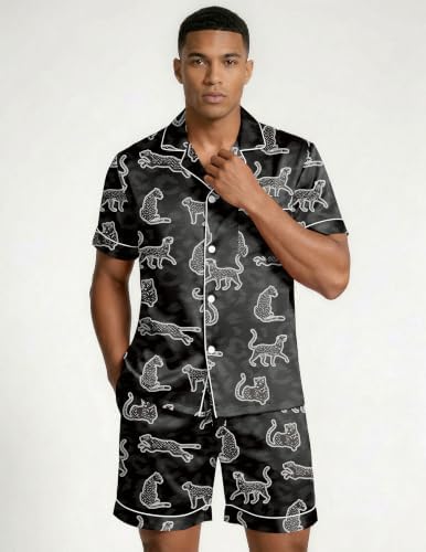 Ekouaer Mens Silk Satin Pajamas Set Short Sleeve Button Up Lounge Pjs Set - Image 4