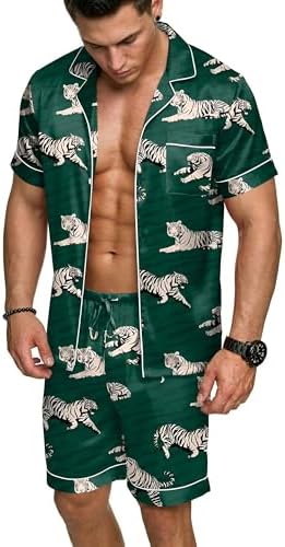 Ekouaer Mens Silk Satin Pajamas Set Short Sleeve Button Up Lounge Pjs Set by EKOUAER
