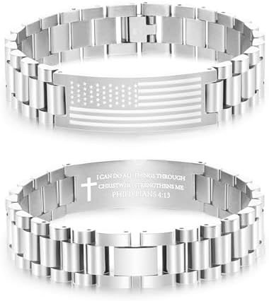 P. BLAKE American Flag Bible Verse Bracelet for Men, Stainless Steel Engraved Scripture Bracelet Christian Religious Christmas Birthday Jewelry Gifts by PBLAKE