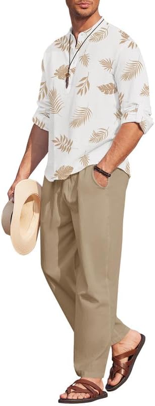 COOFANDY Men’s 2 Piece Cotton Linen Set Casual Beach Outfits Long Sleeve by COOFANDY