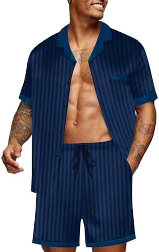 Ekouaer Men Silk Pajamas Set 2 Pieces Satin Pj Button Down Loungewear Sets by EKOUAER