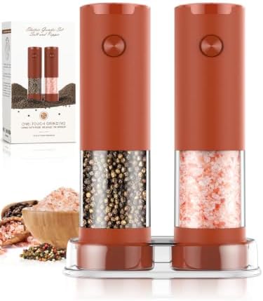 Electric Salt and Pepper Grinder Set Automatic Battery Pepper Mill Shakers Adjustable Coarseness Upgraded Larger Capacity with Led Home and Kitchen Appliances(Wine Red) by ioion