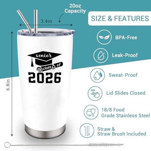 2026 Graduation Gift for Her Him - Senior Class of 2026 Gifts - 20 oz Stainless Steel Tumbler With Lid & Straw - High School/College/Master Degree/PHD Gradution Gifts - Image 2