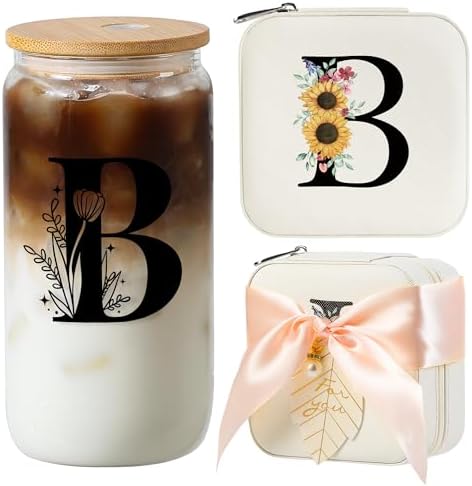 AYGXU Mothers Day Gifts for mom,travel jewelry case organizer,small jewelry travel case,Cute Tumbler Cup,16oz bamboo lids for glass cups,teacher appreciation gifts for women,Initial B white by AYGXU